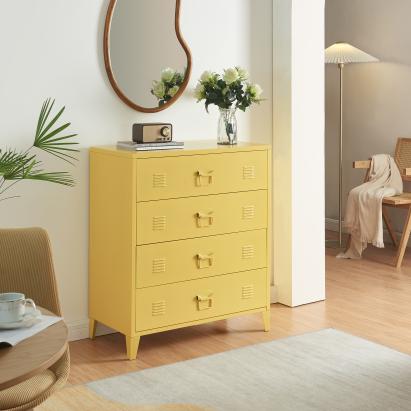 Comodă metalică galbenă cu 4 sertare, stil industrial, 80x40x92 cm