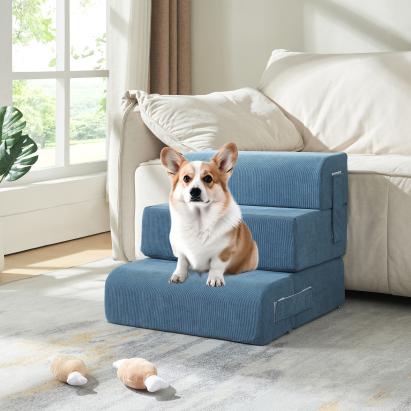 Trepte pentru animale de companie 4 piese, catifea reiata albastra