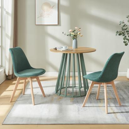 Set 2 scaune dining tapițate din cord, verde închis, picioare din lemn