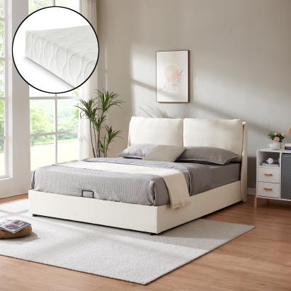 Pat tapițat Lunner 160x200 cm bej cu saltea și ladă de depozitare