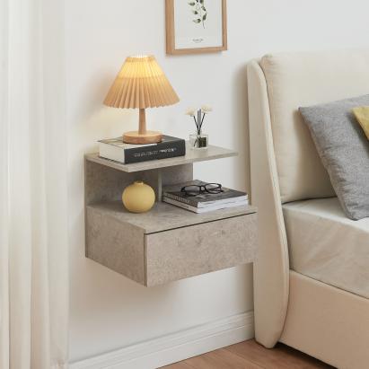 Noptieră suspendată Amberg cu sertar, aspect beton deschis