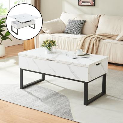 Masă de cafea Rauli cu blat rabatabil și spațiu depozitare, alb marmorat