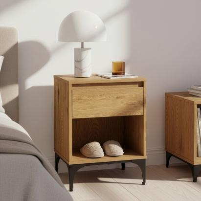 Noptieră Kistiandi cu sertar și raft, aspect stejar închis, 62x46x40 cm