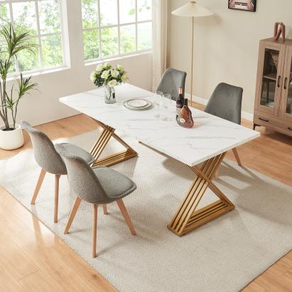 Masă dining Hujaari pentru 6 persoane, aspect marmură albă și auriu