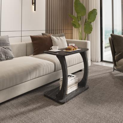 Masă laterală tip C cu roți, aspect marmură negru, 59x35x56 cm