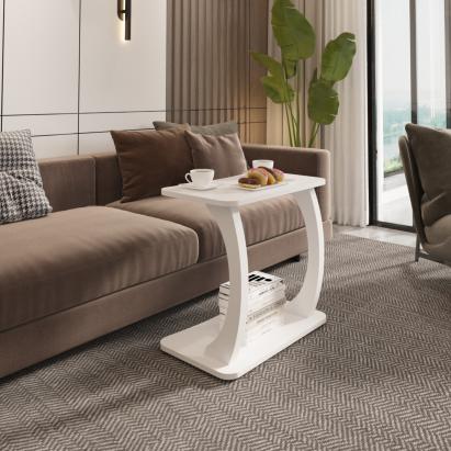 Masă laterală tip C cu roți, albă, 59x35x56 cm, en.casa