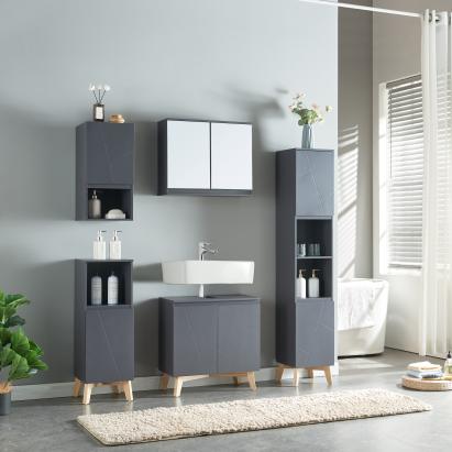 Set mobilier baie 5 piese Overath gri, modern, cu dulap oglindă