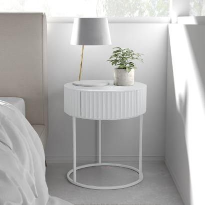Masă laterală Rill cu sertar, albă, 46x40 cm, pentru living și dormitor