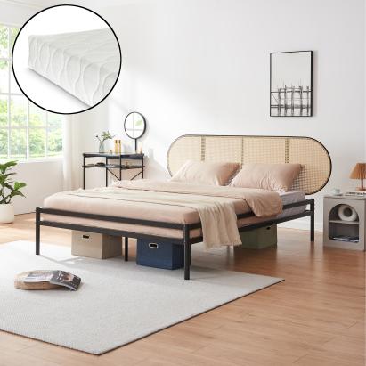 Pat metal Linköping 160x200 cm cu saltea și tăblie ovală ratan, negru