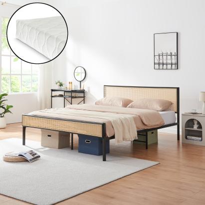 Pat metalic 160x200 cm cu saltea, negru și aspect ratan Linköping