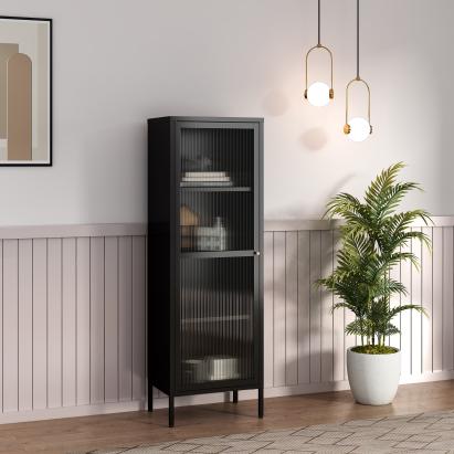 Vitrină living din oțel cu sticlă striată, 150x50x35 cm, neagră