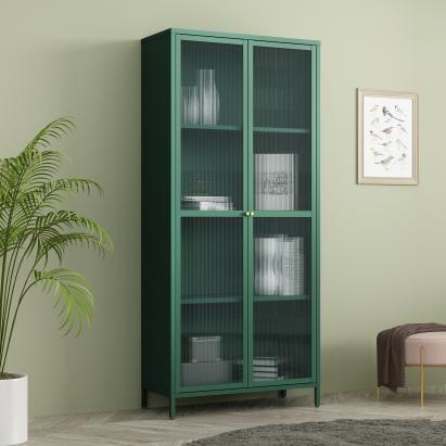 Vitrină living din metal verde cu sticlă striată, 180x80x35 cm
