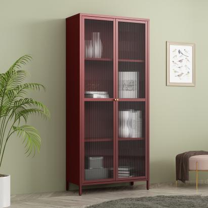 Vitrină metalică Säkylä cu sticlă striată, 180x80x35 cm, bordo