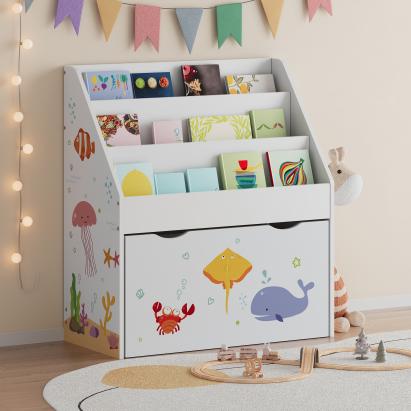 Bibliotecă pentru copii Aqua Dream cu sertar pe roți, 70x63x30 cm