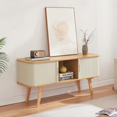 Comodă TV Tysvær 120x40x58 cm din bambus, crem, cu uși glisante