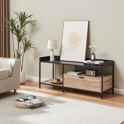 Comodă TV Belana 120x40x54 cm, negru și aspect stejar, [en.casa]