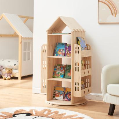 Bibliotecă rotativă pentru copii Sanköre, lemn de pin natur, 122x64x43 cm