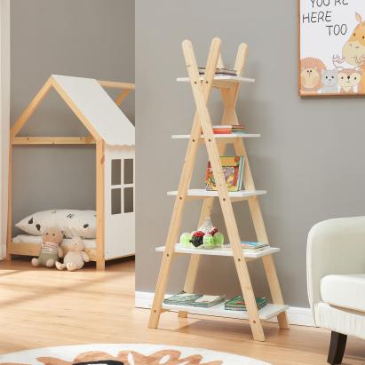Bibliotecă pentru copii tip tipi cu 5 rafturi, alb/natur, 145x65x32 cm