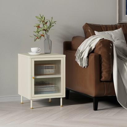 Dulap auxiliar Lindau crem cu ușă din sticlă striată, 56x40x40 cm