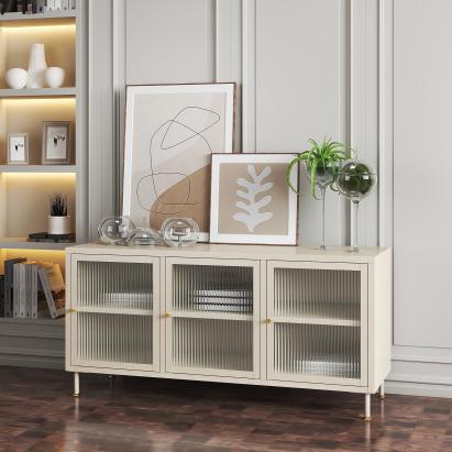 Comodă TV Lindau din oțel, crem, 120x40x59 cm, 3 uși