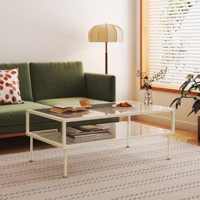 Masă de cafea Lindau din oțel cu blat din sticlă 100x50x46 cm crem