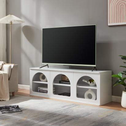 Comodă TV albă Trorhun 140x38x48 cm cu 6 compartimente, [en.casa]