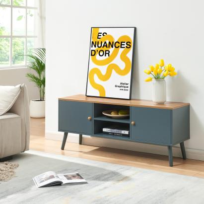 Comodă TV Reyljand cu 2 uși, 120x35x50 cm, gri și stejar