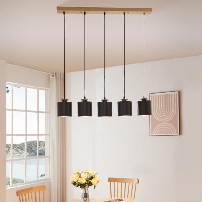 Lustră suspendată Posdand cu 5 becuri, lemn și negru, 130x90 cm