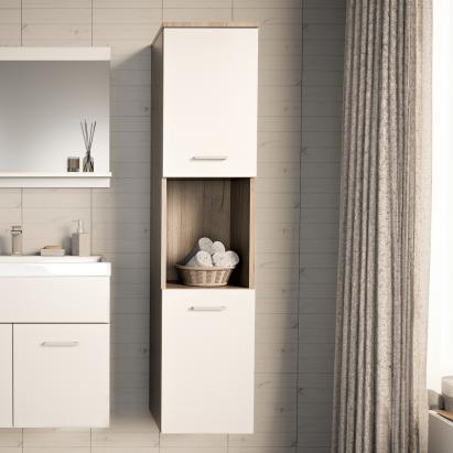 Dulap înalt pentru baie Krildihana, stejar deschis și alb, 131x30x30 cm