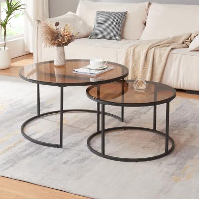 Set 2 măsuțe de cafea Kokkola cu sticlă fumurie maro și cadru metalic