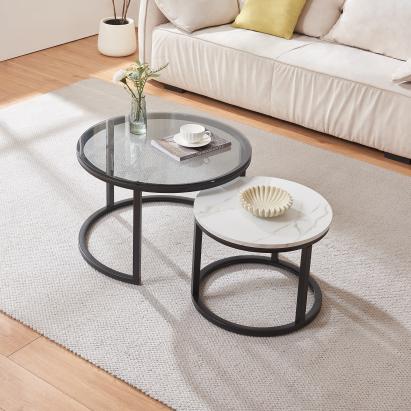 Couchtisch 2er Set Kokkola Rauchglas/Marmoroptik, weiß [en.casa]