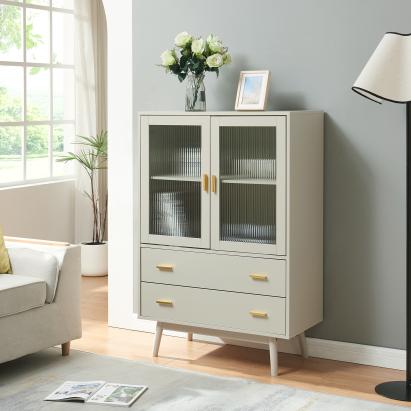 Vitrină living bej cu 2 uși din sticlă și 2 sertare, 120x80x40 cm