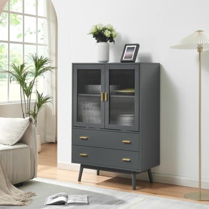 Vitrină living gri cu 2 uși din sticlă și 2 sertare, 120x80x40 cm