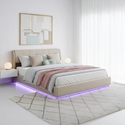 Pat tapițat LED 180x200 cm bej cu ladă de depozitare Tröstiar