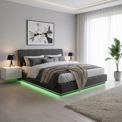 Pat tapițat LED Tröstiar 180x200 cm negru, cu ladă și somieră