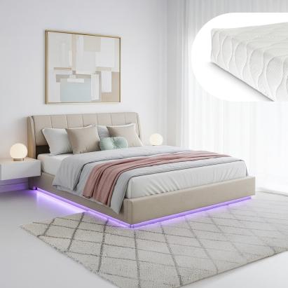 Pat tapițat LED 180x200 cm bej cu saltea și ladă de depozitare