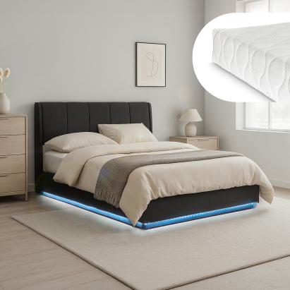 Pat tapițat LED 140x200 cm cu saltea și ladă de depozitare, negru