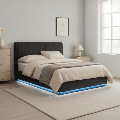 Pat tapițat LED 140x200 cm cu ladă de depozitare, negru, Tröstiar