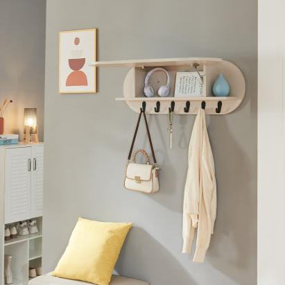 Cuier de perete Vilkon bej cu raft, 6 cârlige și compartiment