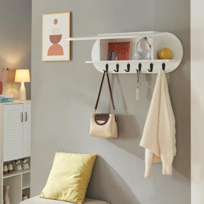 Cuier de perete alb cu raft, compartiment și 6 cârlige Vilkön