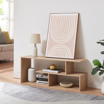 Masă TV modernă 100 cm cu rafturi deschise, finisaj stejar