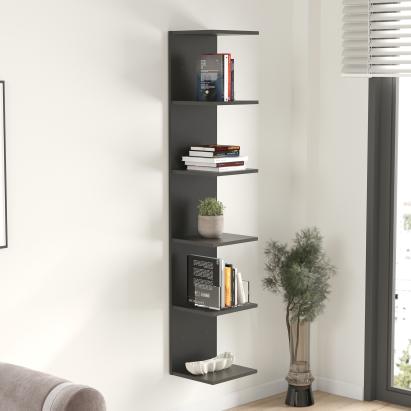 Raft de perete Surahammar negru, 6 polițe, 180x35x32 cm