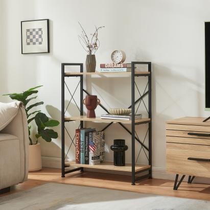 Bibliotecă Skørping cu 3 polițe, metal negru și finisaj stejar, 90x65x30 cm