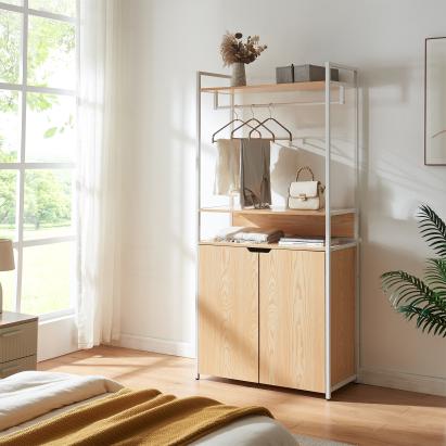 Cuier de hol cu dulap Larem, alb și stejar, 84x40x180 cm