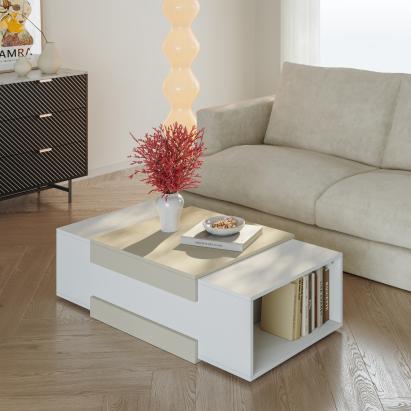 Măsuță de cafea Eljak 110x57x31 cm alb și nisip, cu 2 rafturi