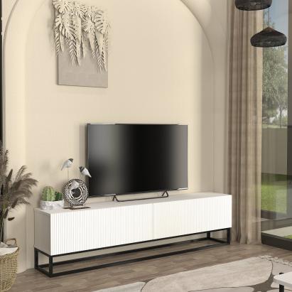 Comodă TV albă Verpsboga, 180 cm, front 3D și 2 uși rabatabile