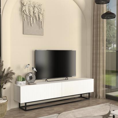 Comodă TV Verpsboga albă cu front 3D și cadru metalic, 180 cm