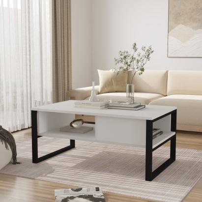 Măsuță de cafea Laukaa 100x60 cm albă cu rafturi și cadru metalic