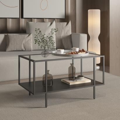 Masă de cafea Nynna 90x50x50 cm neagră, cu blat din sticlă