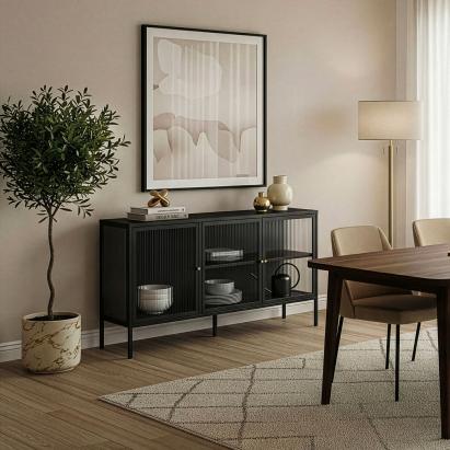 Comodă vitrină Vinterhavn din oțel, 3 uși, 80x150x40 cm, negru